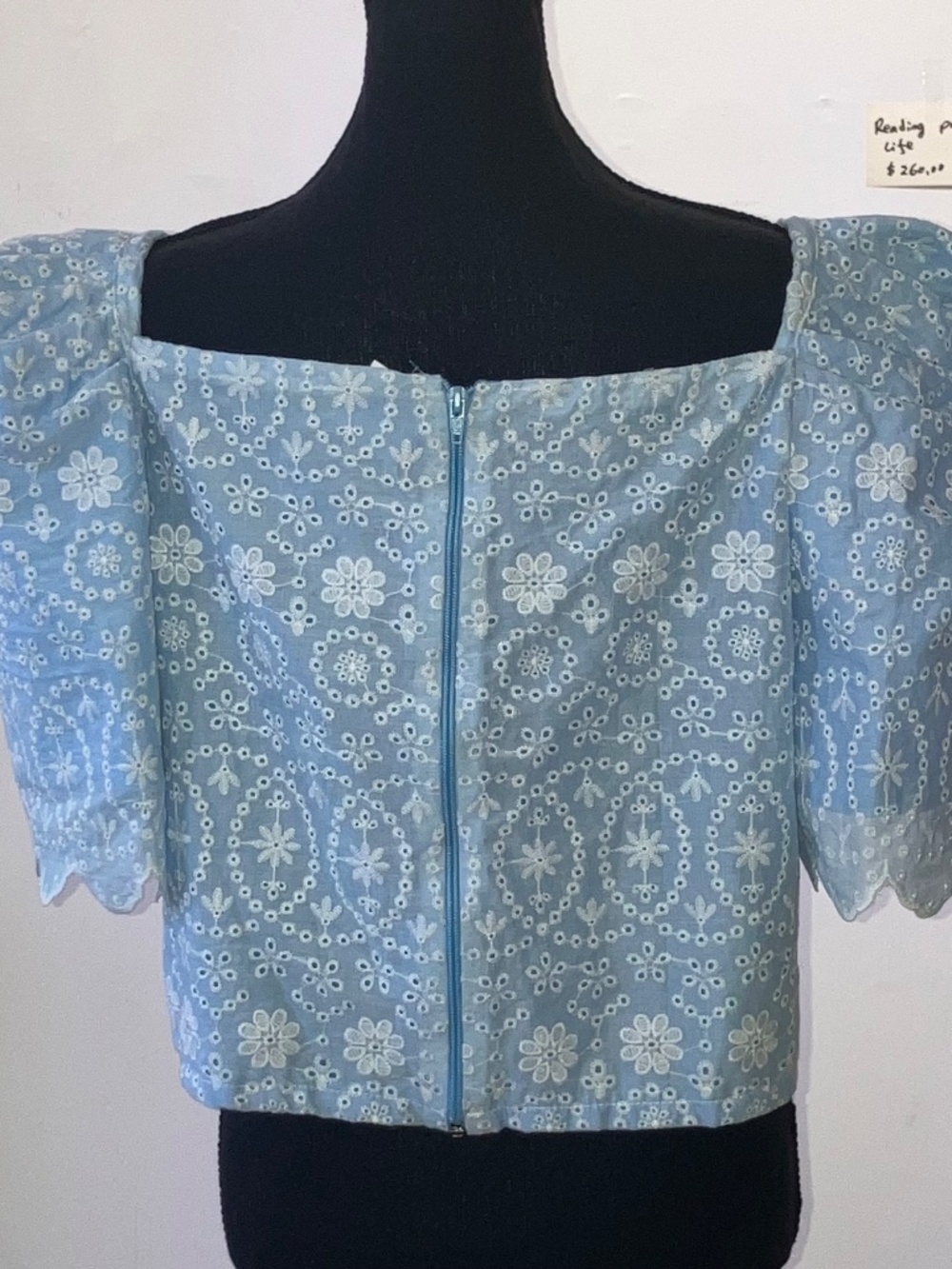 Light Blue Eyelet Puff Sleeve Crop Top - Picture 4 of 11